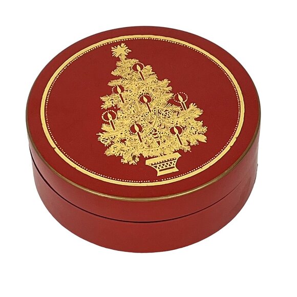 Red Lacquerware Holiday Christmas Tree Coaster Set Vintage Otagiri - Picture 3 of 8